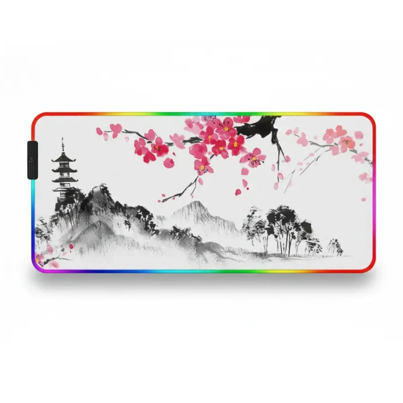 XXL RGB Japanese Mouse Pad — Zen Pagoda & Ink Cherry Blossom | PopMyPad