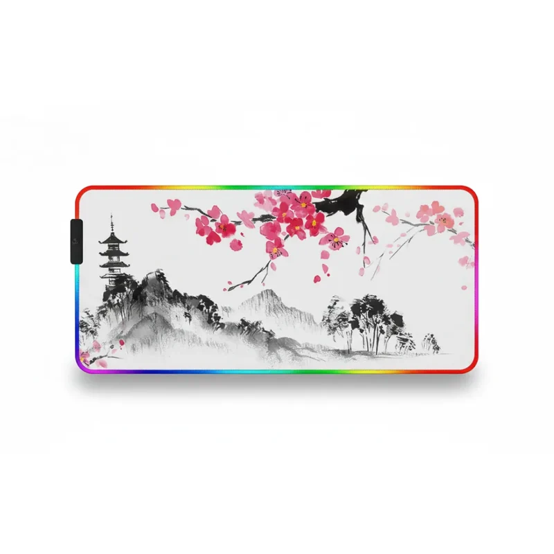 XXL RGB Japanese Mouse Pad — Zen Pagoda & Ink Cherry Blossom | PopMyPad