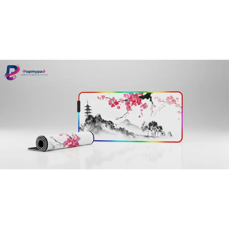 XXL RGB Japanese Mouse Pad — Zen Pagoda & Ink Cherry Blossom | PopMyPad