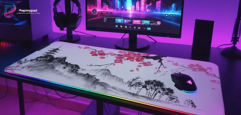 XXL RGB Japanese Mouse Pad — Zen Pagoda & Ink Cherry Blossom | PopMyPad