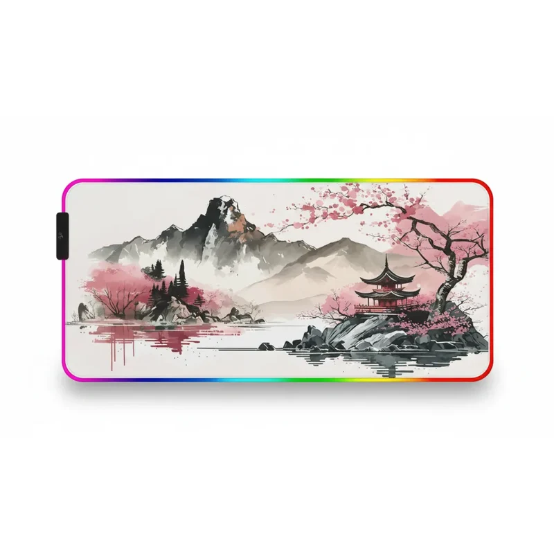 XXL RGB Japanese Mouse Pad — Sacred Mountains & Cherry Trees | PopMyPad