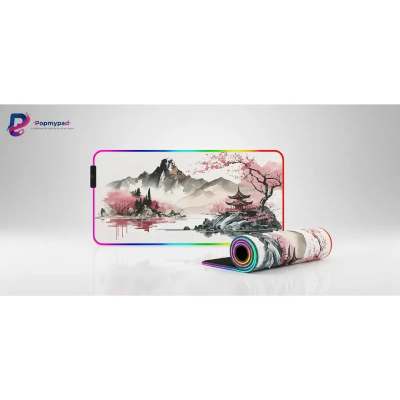 XXL RGB Japanese Mouse Pad — Sacred Mountains & Cherry Trees | PopMyPad