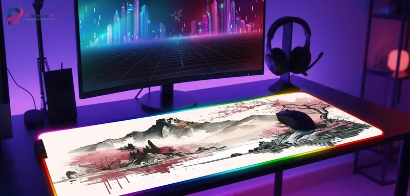 XXL RGB Japanese Mouse Pad — Sacred Mountains & Cherry Trees | PopMyPad