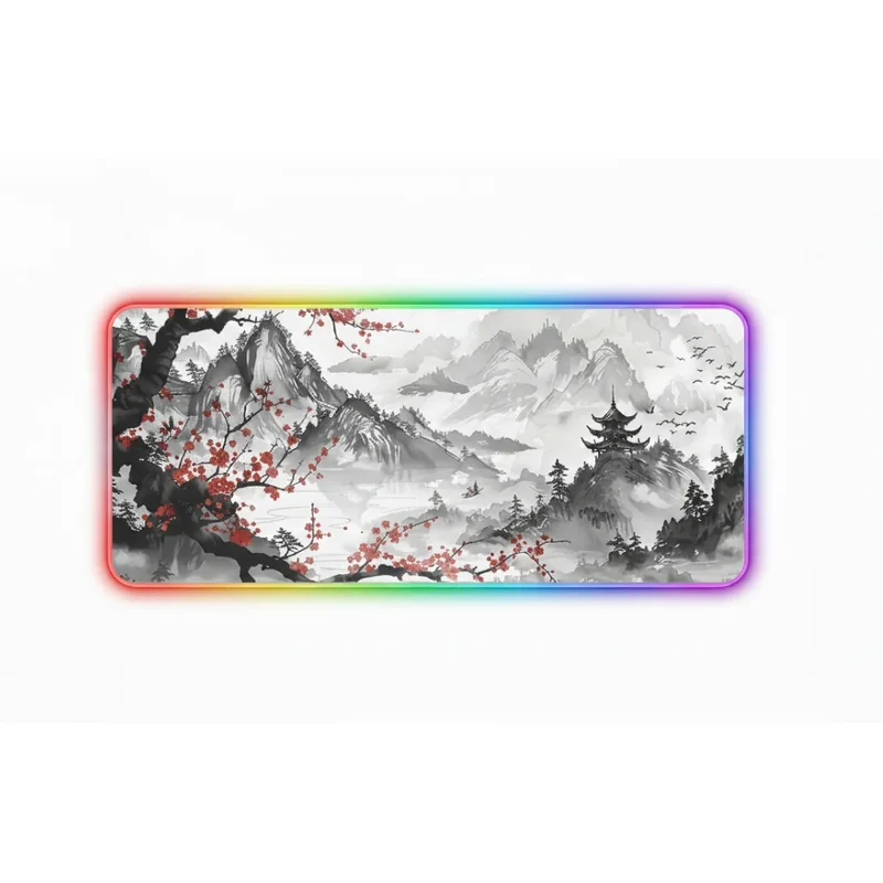 XXL RGB Japanese Mouse Pad — Sumi-e Landscape & Pagodas | PopMyPad