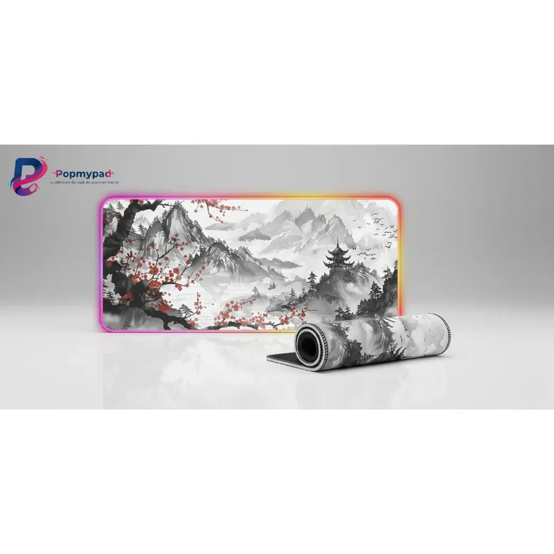 XXL RGB Japanese Mouse Pad — Sumi-e Landscape & Pagodas | PopMyPad