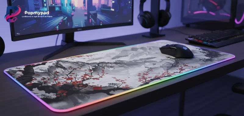 XXL RGB Japanese Mouse Pad — Sumi-e Landscape & Pagodas | PopMyPad