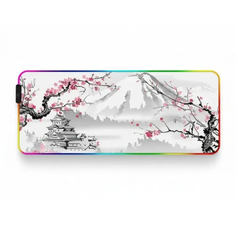 XXL RGB Japanese Mouse Pad — Woodblock Mount Fuji & Cherry Blossom | PopMyPad