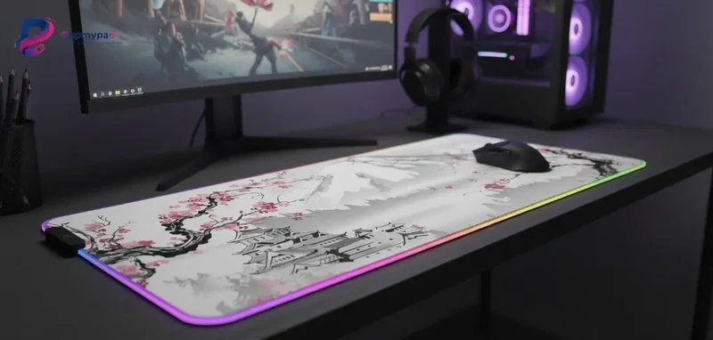 XXL RGB Japanese Mouse Pad — Woodblock Mount Fuji & Cherry Blossom | PopMyPad
