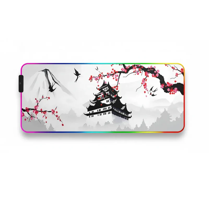 XXL RGB Japanese Mouse Pad — Mount Fuji, Pagoda & Cherry Blossom | PopMyPad