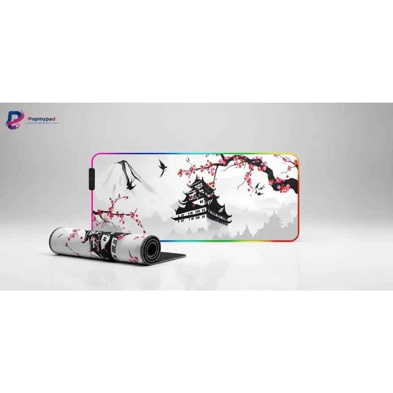 XXL RGB Japanese Mouse Pad — Mount Fuji, Pagoda & Cherry Blossom | PopMyPad