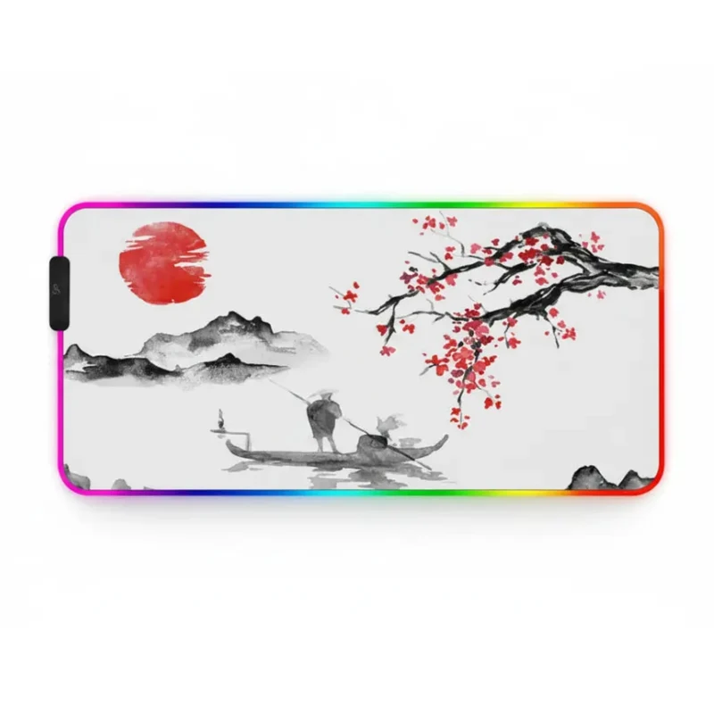 XXL RGB Japanese Mouse Pad — Fisherman's Boat & Cherry Blossom | PopMyPad