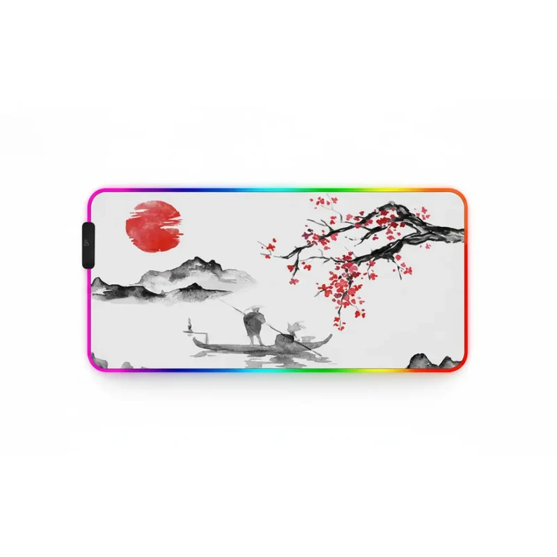XXL RGB Japanese Mouse Pad — Fisherman's Boat & Cherry Blossom | PopMyPad