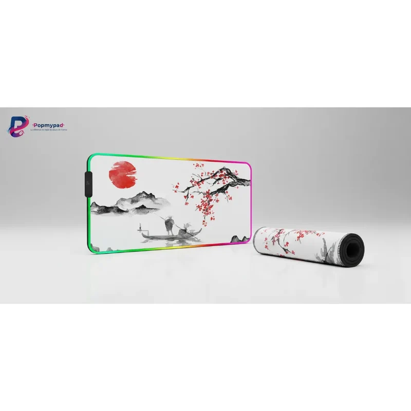 XXL RGB Japanese Mouse Pad — Fisherman's Boat & Cherry Blossom | PopMyPad