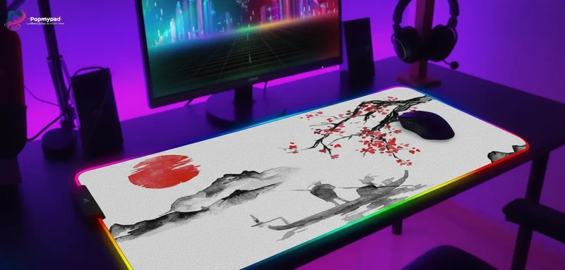 XXL RGB Japanese Mouse Pad — Fisherman's Boat & Cherry Blossom | PopMyPad
