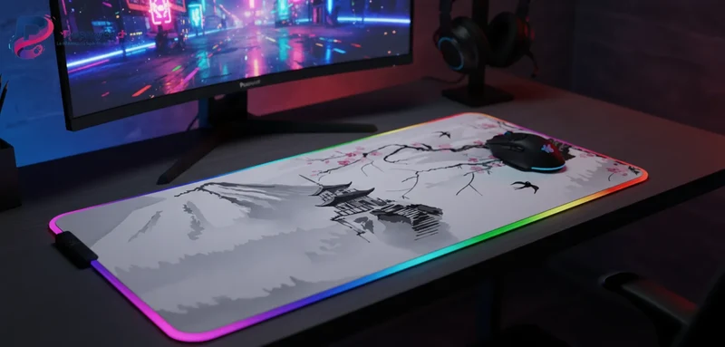 XXL RGB Japanese Mouse Pad — Backlit Mount Fuji & Cherry Blossom | PopMyPad