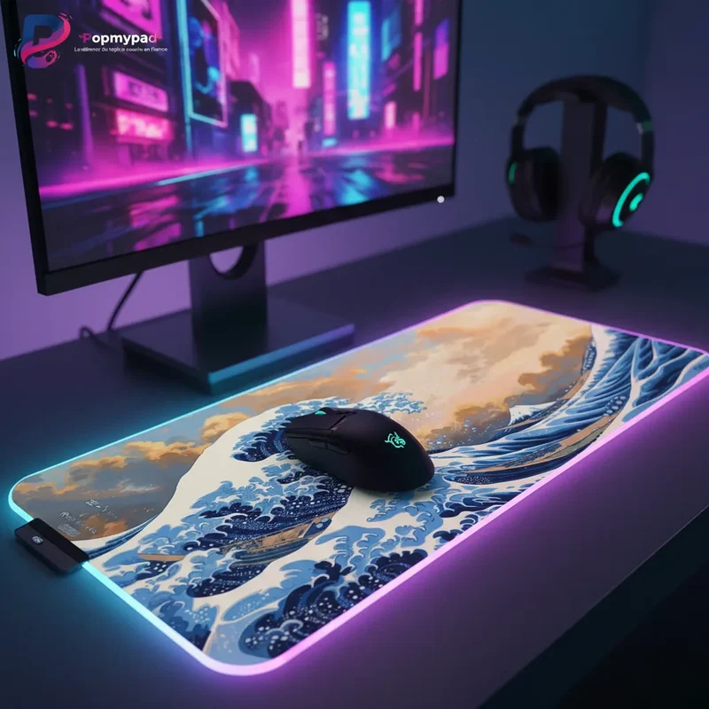 XXL RGB Japanese Mouse Pad — Kanagawa Wave at Twilight | PopMyPad