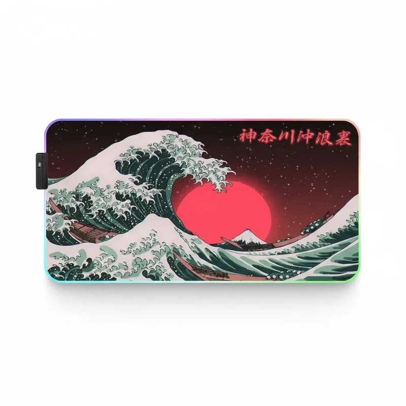 XXL RGB Japanese Mouse Pad — Great Wave and Red Sun | PopMyPad