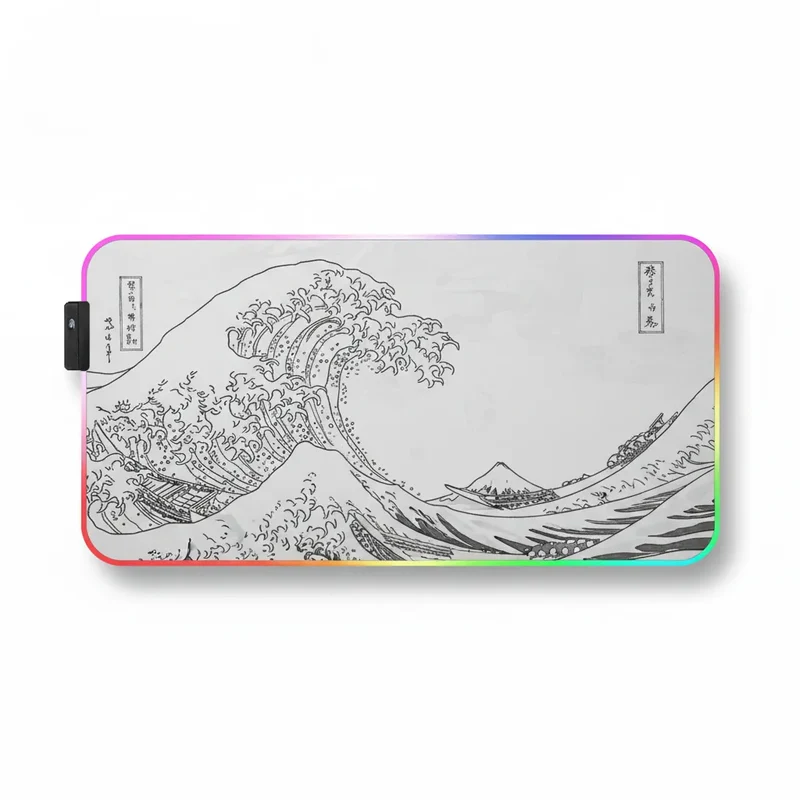 XXL RGB Japanese Mouse Pad — Minimalist Line-Art Great Wave | PopMyPad