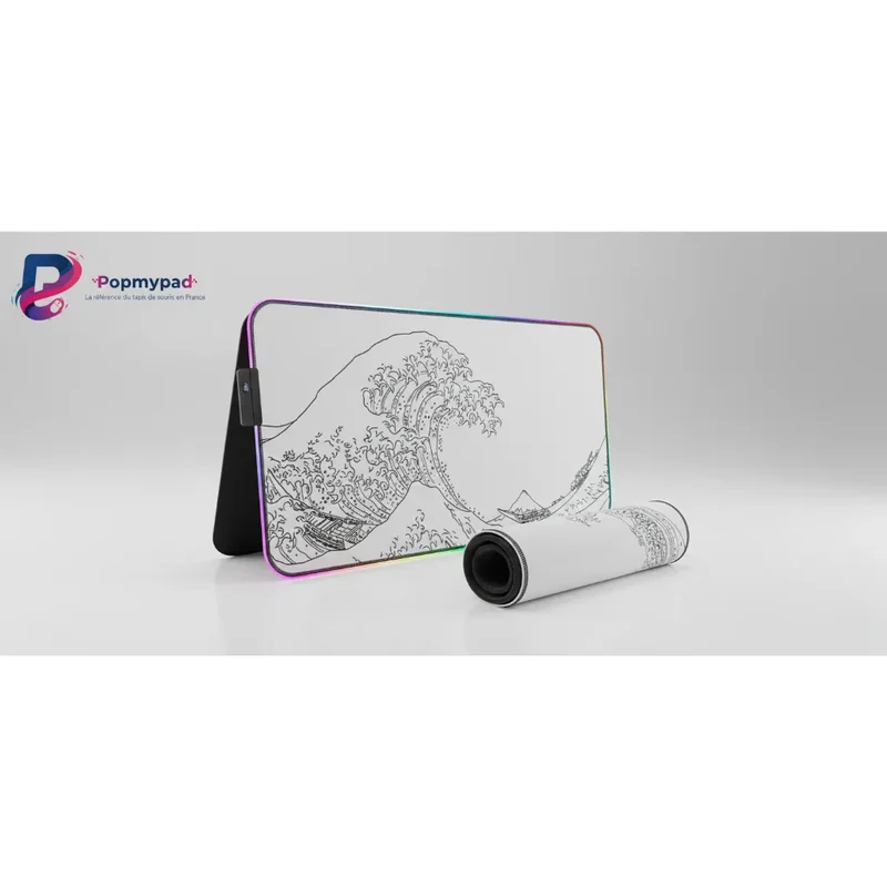 XXL RGB Japanese Mouse Pad — Minimalist Line-Art Great Wave | PopMyPad