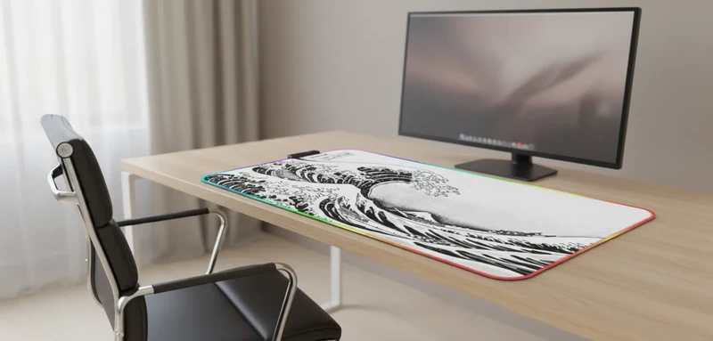 XXL RGB Japanese Mouse Pad — Minimalist Line-Art Great Wave | PopMyPad