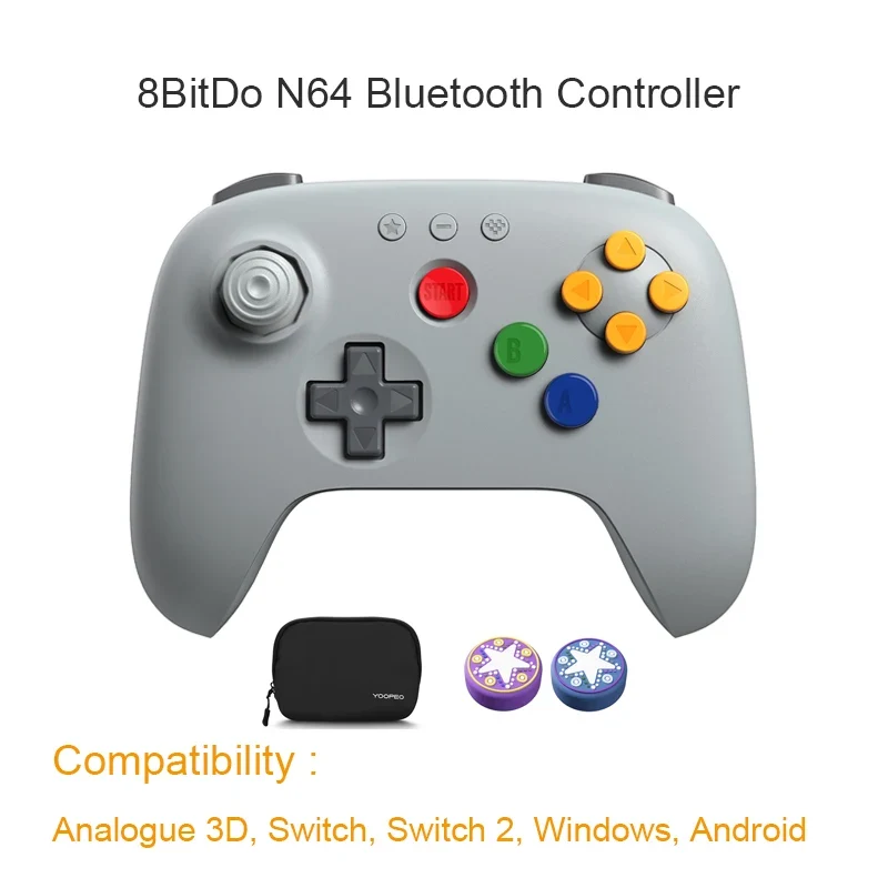 Manette 8BitDo 64 Bluetooth pour Analogue 3D, Switch et PC — stick à effet Hall et grille d'origine