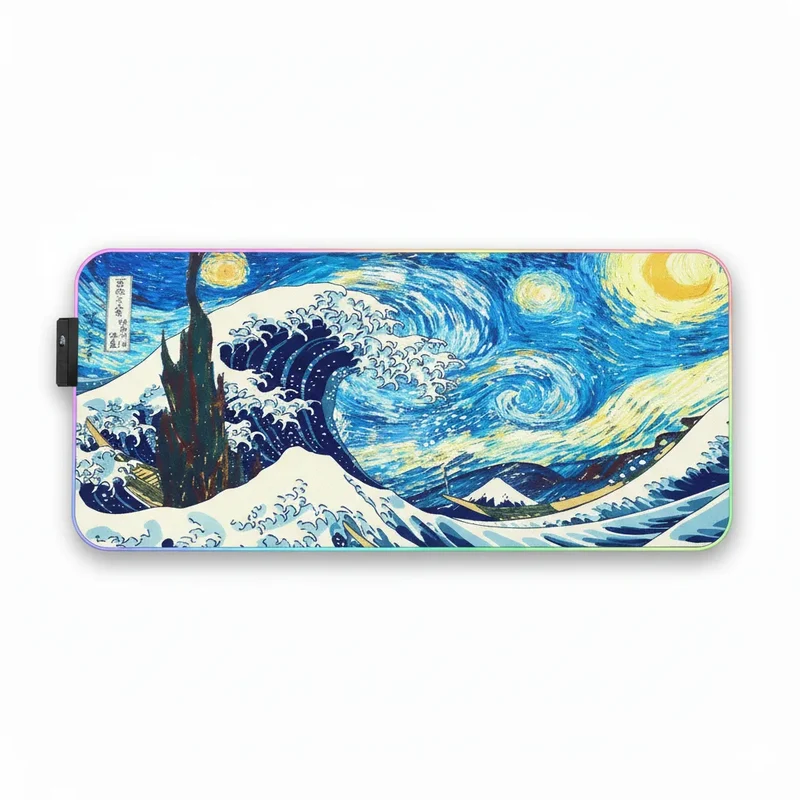 XXL RGB Japanese Mouse Pad — Azure Great Wave & Swirls | PopMyPad
