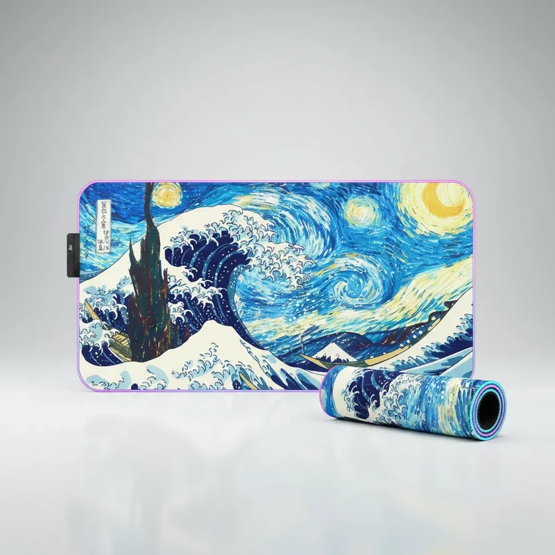 XXL RGB Japanese Mouse Pad — Azure Great Wave & Swirls | PopMyPad