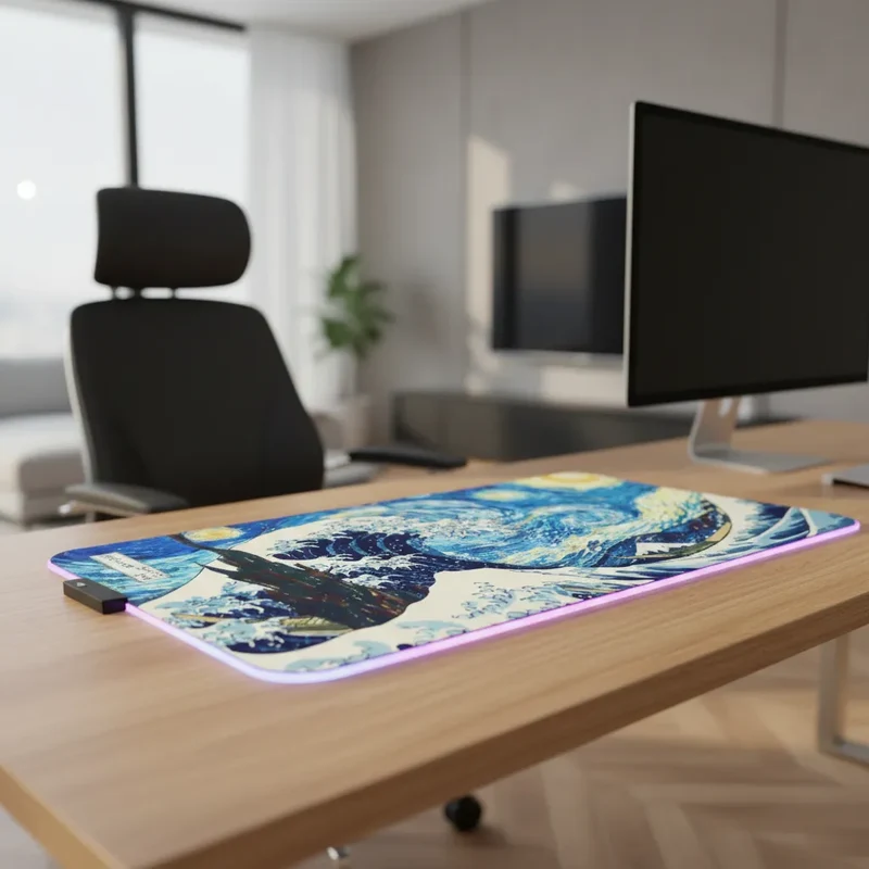 XXL RGB Japanese Mouse Pad — Azure Great Wave & Swirls | PopMyPad