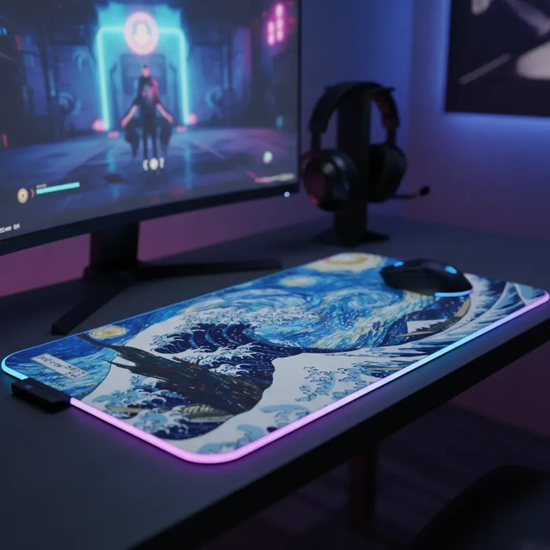 XXL RGB Japanese Mouse Pad — Azure Great Wave & Swirls | PopMyPad