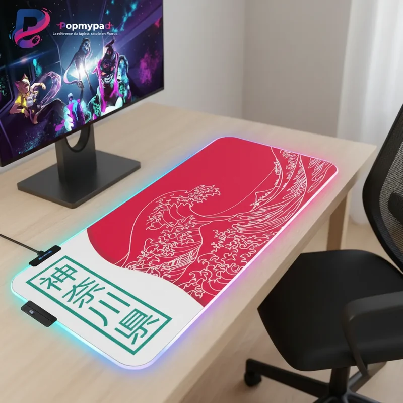 XXL RGB Japanese Mouse Pad — Kanagawa Wave and Red Sun | PopMyPad