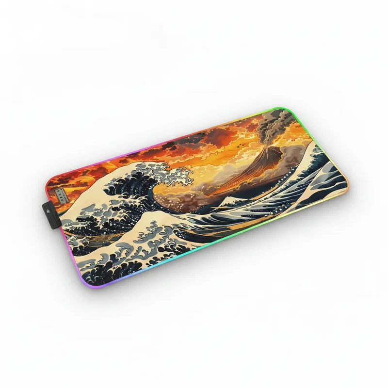 XXL RGB Japanese Mouse Pad — Great Wave Fire Sky | PopMyPad