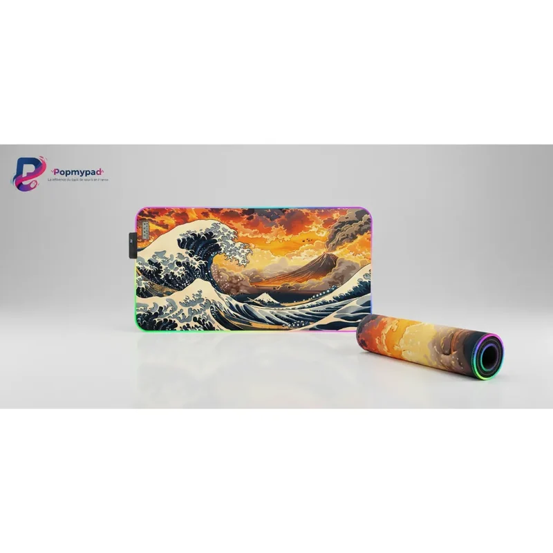 XXL RGB Japanese Mouse Pad — Great Wave Fire Sky | PopMyPad