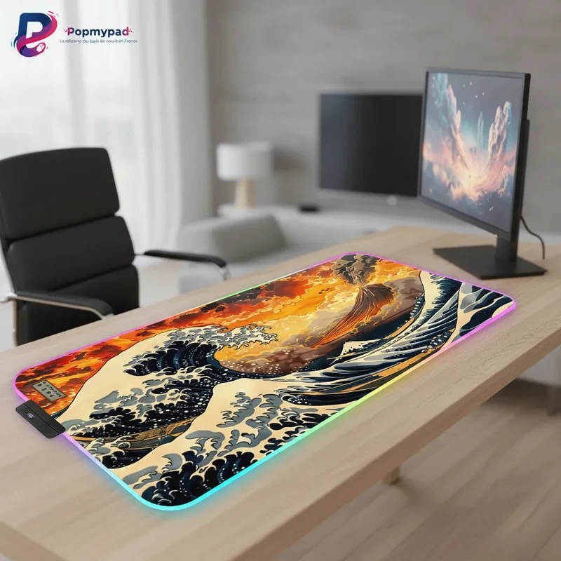 XXL RGB Japanese Mouse Pad — Great Wave Fire Sky | PopMyPad