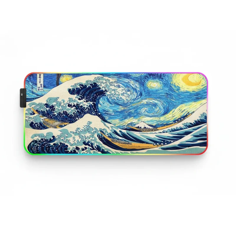 XXL RGB Japanese Mouse Pad — Great Wave Starry Night | PopMyPad