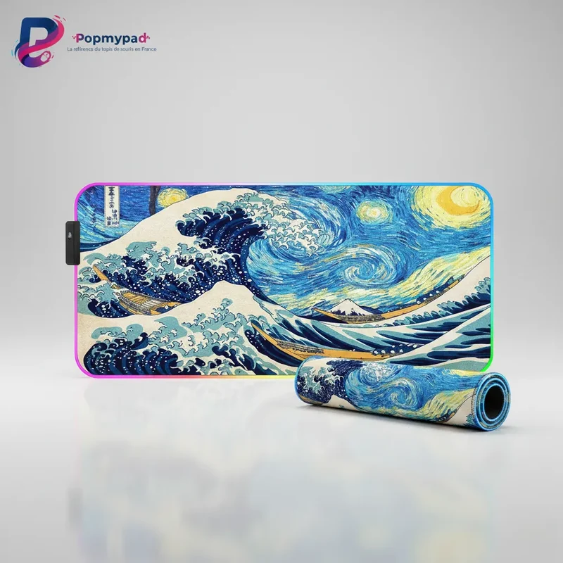 XXL RGB Japanese Mouse Pad — Great Wave Starry Night | PopMyPad