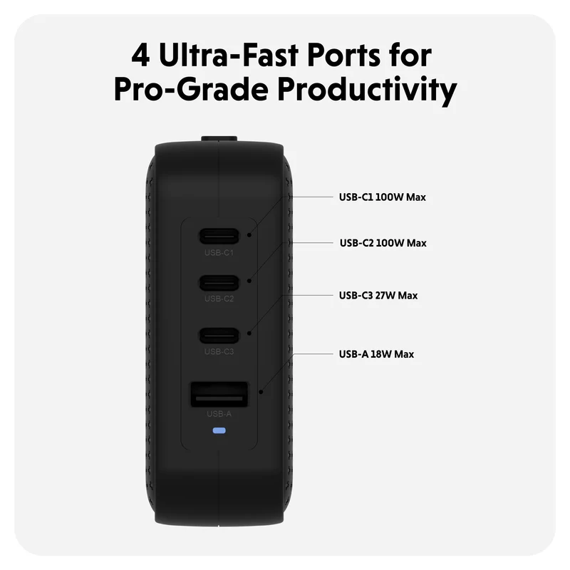 Chargeur de voyage HyperJuice® 100 W USB-C GaN testé pour la sécurité - Noir