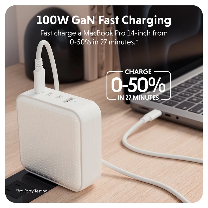Chargeur de voyage HyperJuice® 100 W USB-C GaN testé pour la sécurité - Blanc
