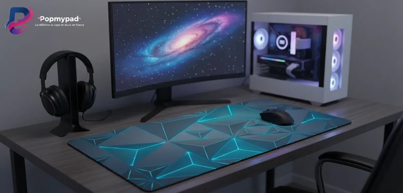XXL Geometric Gaming Mouse Pad — Cyan Neon Triangles | PopMyPad