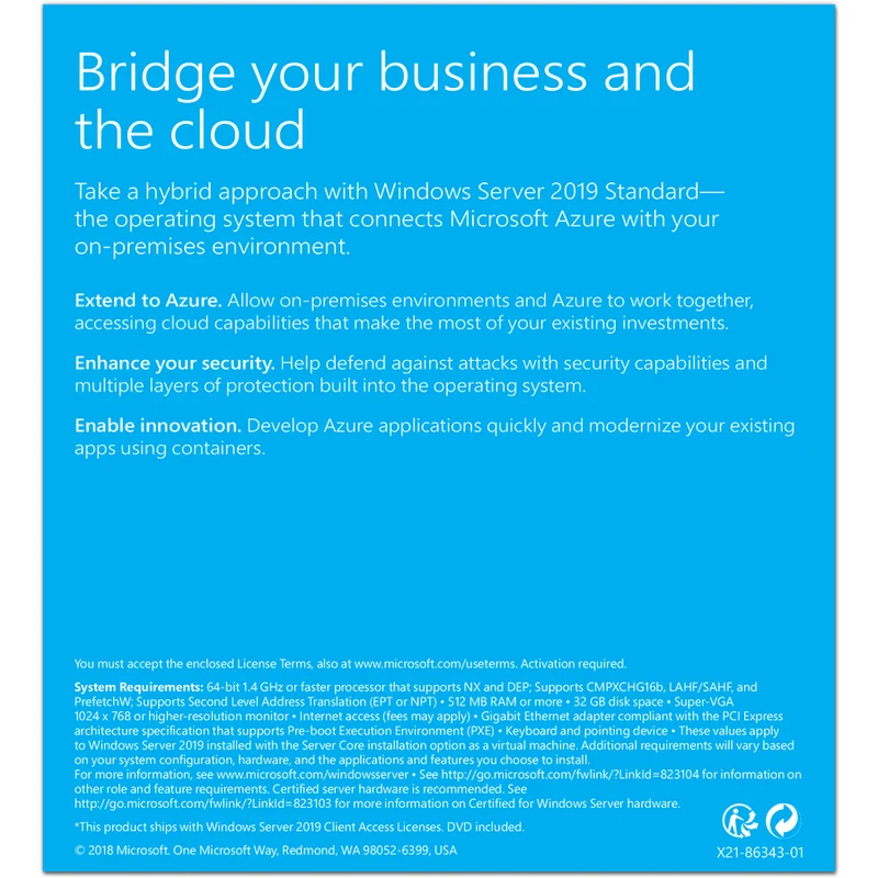 Microsoft Windows Server 2019 Standard 64 bits - Licence - 16 Core P73-07788