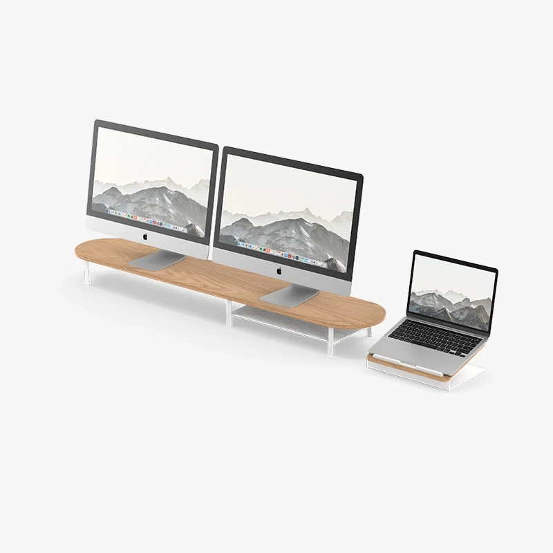 Laptop Stand + Dual Monitor Stand avec étagère Chêne