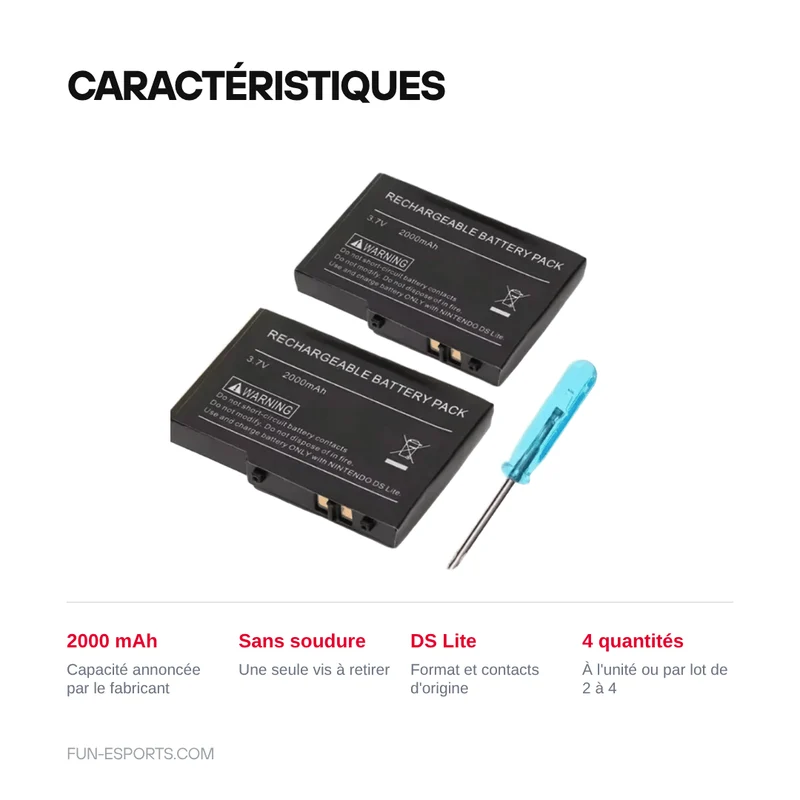 Batterie de remplacement pour DS Lite — 2000 mAh, tournevis inclus