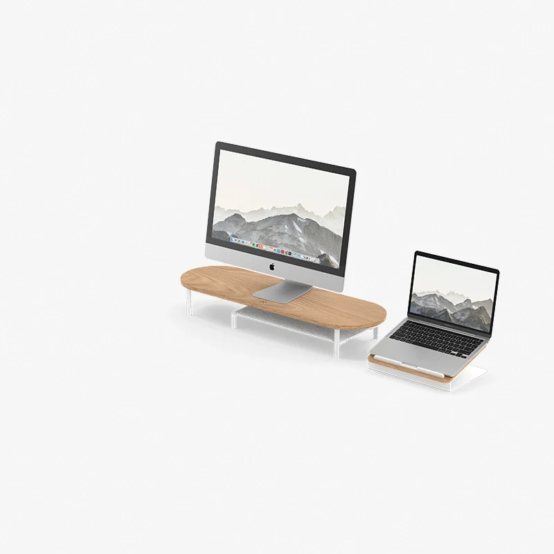 Laptop Stand + Single Monitor Stand avec étagère Chêne