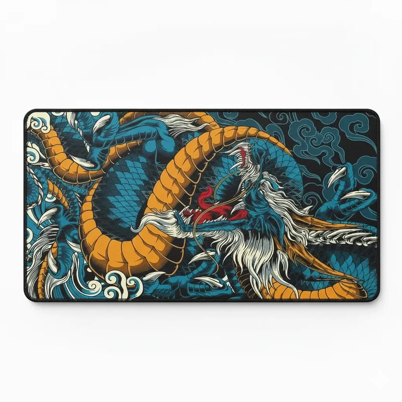 Japanese XXL Mouse Pad — Peacock Blue & Ochre Dragon | PopMyPad