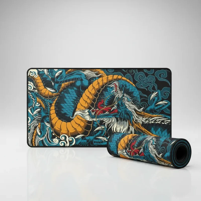 Japanese XXL Mouse Pad — Peacock Blue & Ochre Dragon | PopMyPad