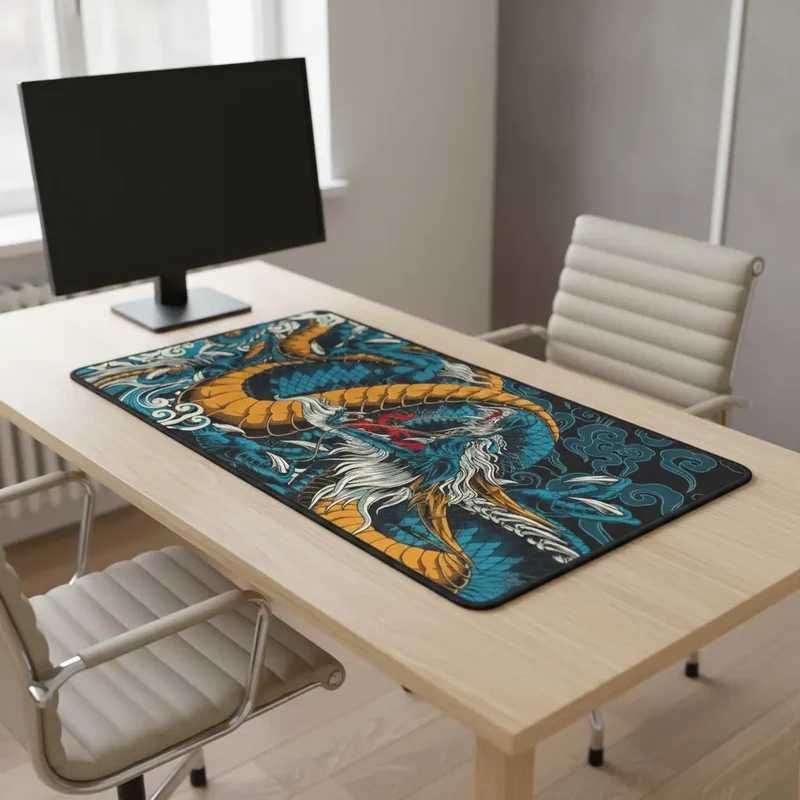 Japanese XXL Mouse Pad — Peacock Blue & Ochre Dragon | PopMyPad