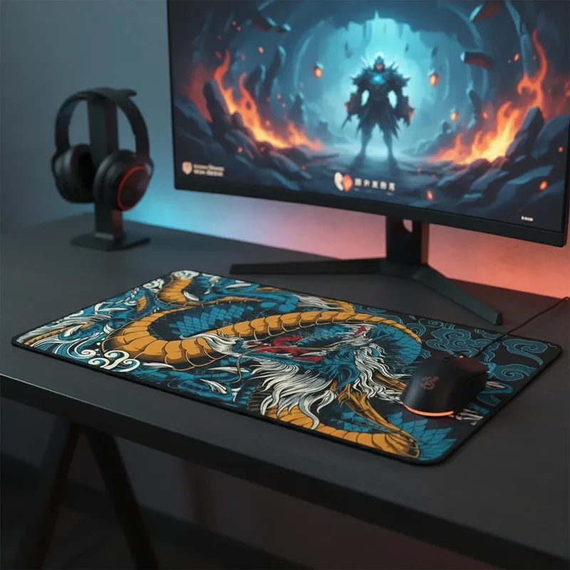 Japanese XXL Mouse Pad — Peacock Blue & Ochre Dragon | PopMyPad