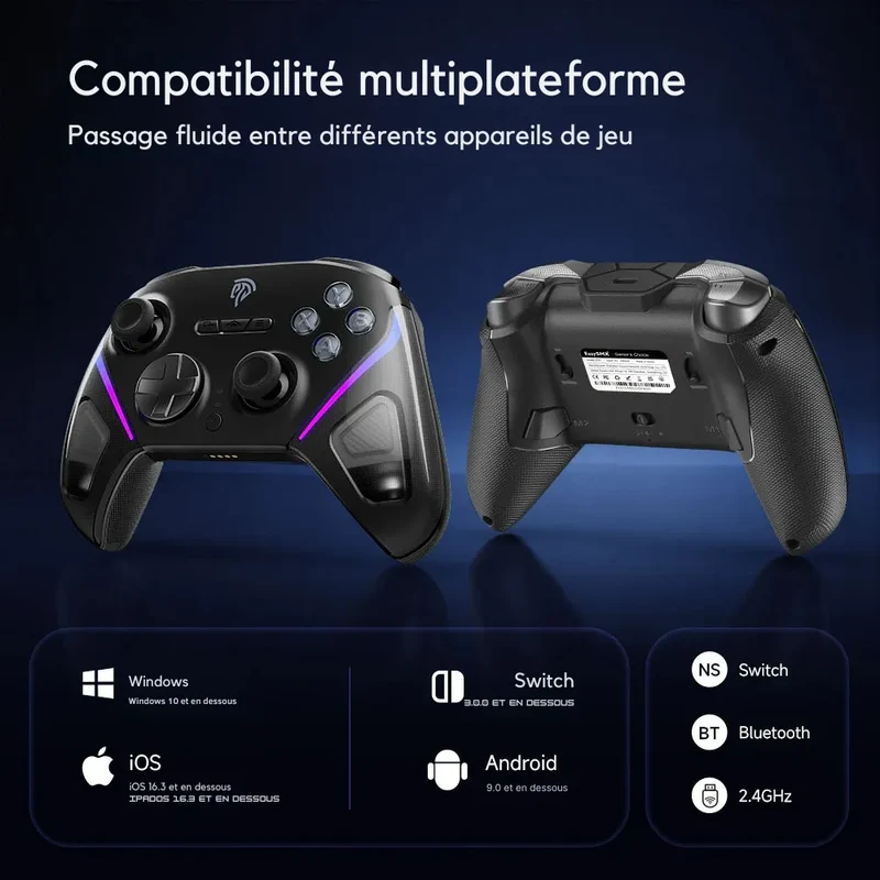 Manette EasySMX D10 noire PC et Switch — sticks TMR et dock de charge fourni