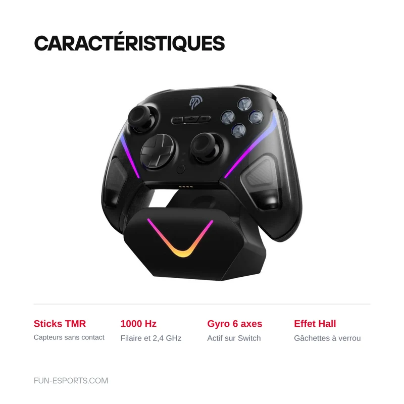 Manette EasySMX D10 noire PC et Switch — sticks TMR et dock de charge fourni