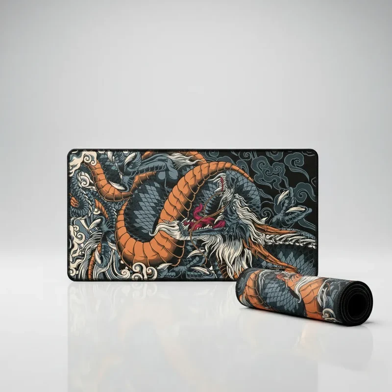 Japanese XXL Mouse Pad — Orange & Black Dragon on Clouds | PopMyPad