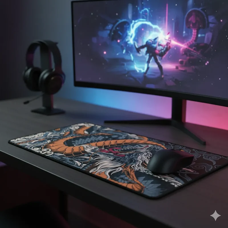 Japanese XXL Mouse Pad — Orange & Black Dragon on Clouds | PopMyPad
